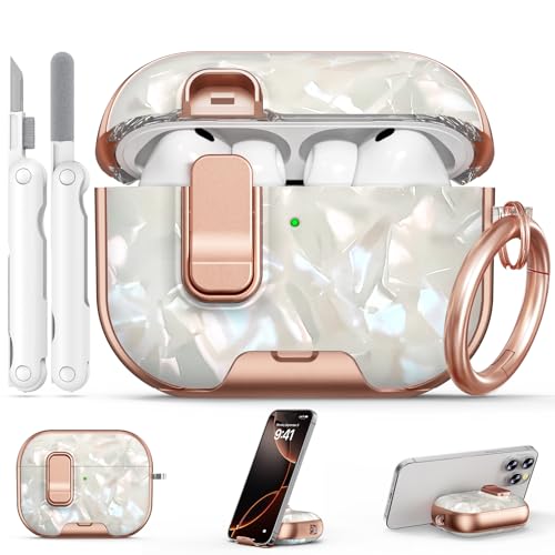 Image of for AirPods Pro 3 Case 2025 with Safety Lock-Beige Luxury Pearl | As Phone Stand, for Women Girly, with Keychain & Cleaner Kit,Two-Piece Design,Support Wireless Charging,Clear TPU+PC Material