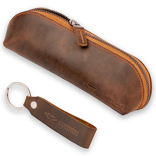 comari Premium Stifte-Etui - Federmäppchen aus Leder - Reißverschluss aus Metall - kostenfreier Schlüsselanhänger - Federmappe aus Handarbeit (Vintage Braun)