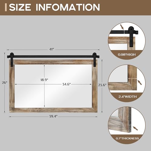 Image of COGOOD Farmhouse Barn Door Mirror - 41 inch x 26 inch Rustic Wood Framed Wall Mirror for Bathroom, Living Room, Entryway Wall Decor (Striped Brown)