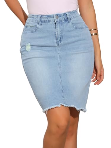 Jupe en jean délavé taille haute Allegra K en bleu ciel et taille M avec son ourlet déchiré