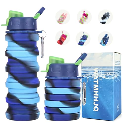 WATMHHJQ Silicone Collapsible Water Bottles, 16oz 500ml Portable Foldable Expandable Water Bottle Sports Cups, Leak Proof Reusable BPA Free, for Outdoor Activities Travel (Blue-B)
