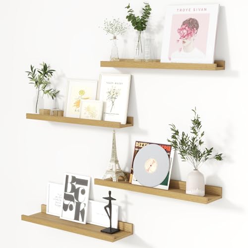 Image of FLYJOE Picture Ledge Shelf for Wall, 24 inch Nursery Book Shelves 4 Packs, Floating Ledge Shelves for Kid's Room Bedroom Bathroom Living Room Photo Frames Office Nursery Wall Decor, Natural Oak