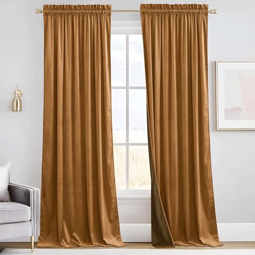 Image of RYB HOME Velvet Blackout Curtains 80 inches for Doorway French Door | Sunlight & UV Heat Blocking, Luxurious, Rod Pocket Drapes, Living Room Laundry Room, Bronze, W52 x L80, 2 Panels