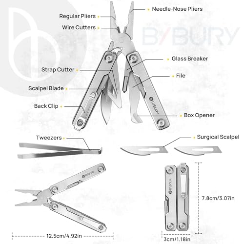Image of BIBURY Mini Multitool Pliers BI2051A, Mini Pocket Pliers with Window Breaker, Seat Belt Cutter, Bottle Opener for Outdoor Survival, EDC Multi Tool with Pocket Clip, Gifts for Men Women