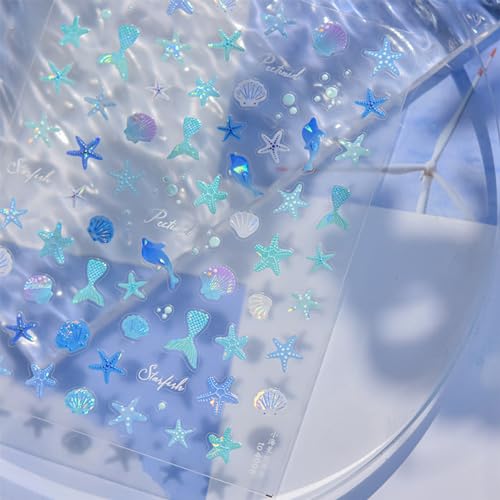 Xiannaipai XIANNAIPAI283 Summer Nail Art Stickers 5D Embossed Shell Starfish Nail Stickers Cute Dolphin Mermaid Nail Art Design Summer Sea Theme Nail Decals Self Adhesive Nails Supplies thumb #2
