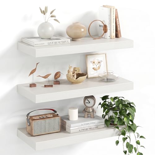 Image of Fun Memories Floating Shelves, 20 Inch Floating Shelves, Wall Mounted Rustic Wood Shelf for Bathroom, Living Room, Bedroom and Kitchen, Hanging Shelf for Storage, Books, Home Decor, White - Set of 3