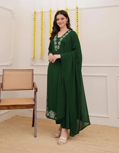 Image of ANNI Designer Pure Cotton Embroidered Kurta Set for Women | Rust Orange Kurta with Pants & Dupatta | Floral Neck & Hem Embroidery | Cotton Kurta Set for Women | 10 Colour Options Available