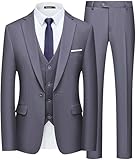 WULFUL Men’s Slim Fit Suit One Button 3-Piece Blazer Dress Business Wedding Party Jacket Vest & Pant Dark Grey