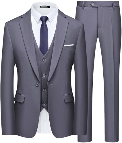 WULFUL Men’s Slim Fit Suit One Button 3-Piece Blazer Dress Business Wedding Party Jacket Vest & Pant