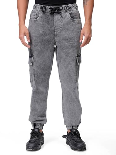Image of The Indian Garage Co Men Regular Fit Solid Mid-Rise Stretchable Denim Cargo Joggers