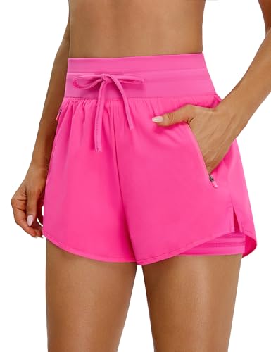 BMJL Womens 2 in 1 Running Shorts for Gym 2.5" Pink High Waisted Drawstring Athletic Workout Shorts 3 Pockets（M,Hot Pink）