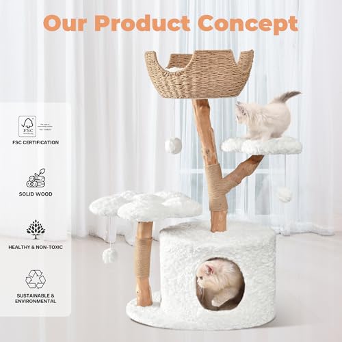 Image of Easyego Modern Cat Tree, 40.5 inch Aesthetic Wood Cat Tree Tower for Large Cats, Luxury Cat Condo with Scratching Posts and Flower Platforms, Cat Furniture, White