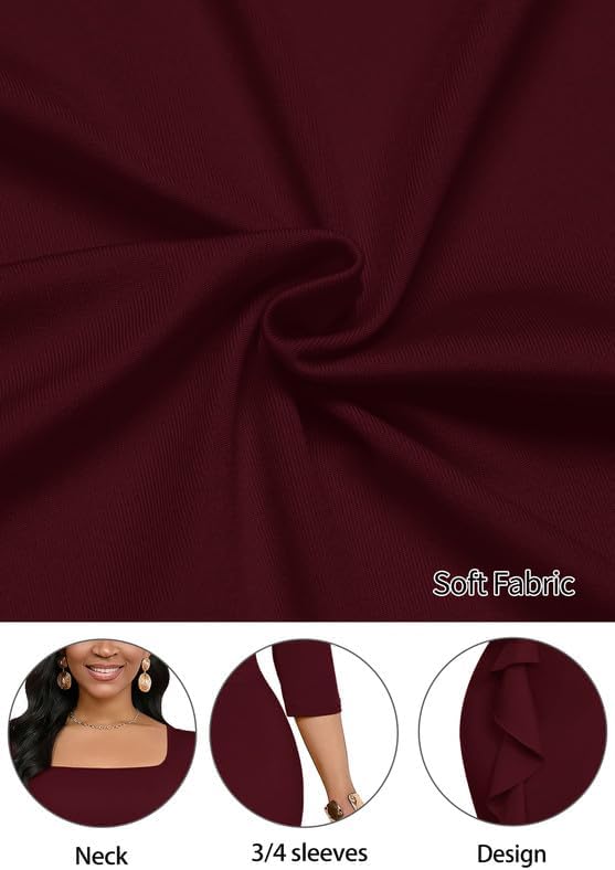 Womens Work Dresses Elegant Square Neck 3/4 Sleeve High Waist Bodycon Ruffle Vintage Church Pencil Midi Dress - Image 6