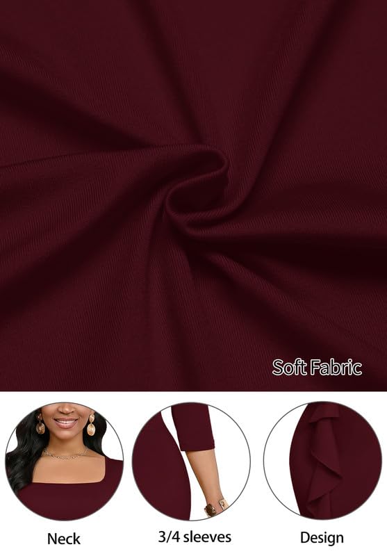 Image of MarryUP Womens Work Dresses Elegant Square Neck 3 /4 Sleeve High Waist Bodycon Ruffle Vintage Church Pencil Midi Dress