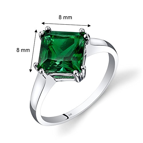 Peora Created Emerald Classic Solitaire Ring For Women In 14K White Gold, 2 Carats Princess Cut 8Mm, Comfort Fit, Size 9 #TOP2