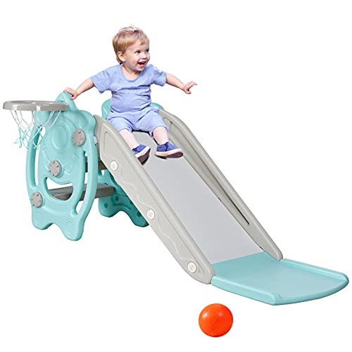 Papababe 3 in 1 Slide for Baby, Toddler Playground Slipping Slide Climber, Extra Long Slide Slope with Basketball Hoop, Indoor Outdoor Backyard Use, First Slide for Kids(Green)