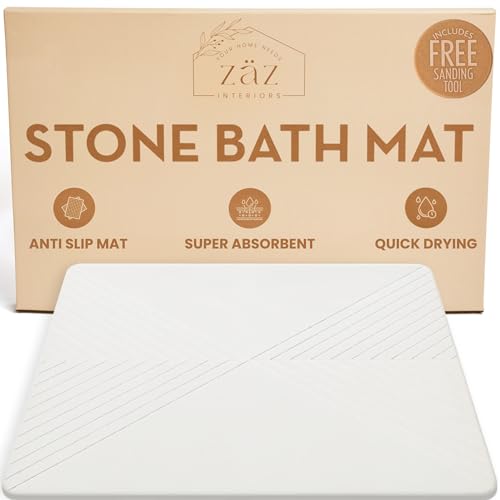 zåz interiors Stone Bath Mat, Diatomaceous Earth Non-Slip Stone Shower Mat - Quick Drying Absorbent Bath Mats for Bathroom, Easy to Clean (23.5 x 15) - Lace White