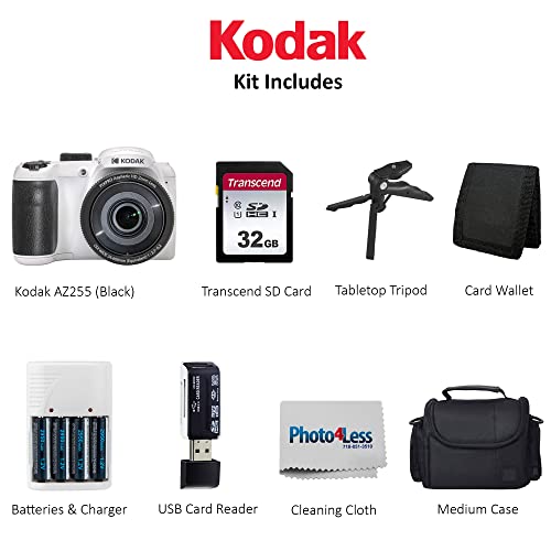 Kodak Pixpro Az255 Digital Camera (White) + Point & Shoot Camera Case + Transcend 32Gb Sd Memory Card + Rechargeable Batteries & Charger + Usb Card Reader + Table Tripod + Accessories #TOP4