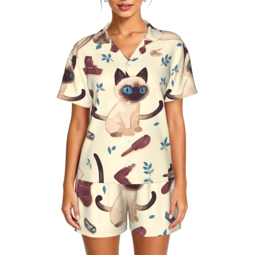 Pijama de gato de ojos azules con cuello de solapa y botones para mujer