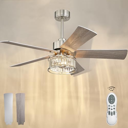 Image of YOUKAIN 48-Inch Crystal Ceiling Fan with Lights & Remote, Gray Oak