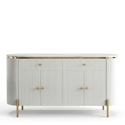 Image of Modern Console Table, 55 x 15 x 30 inch, White Ribbed Design, Marble Top, Gold Accents, 4-Door Storage Cabinet, Waterproof Plywood, PVD-Coated Legs, Elegant Entryway (White)