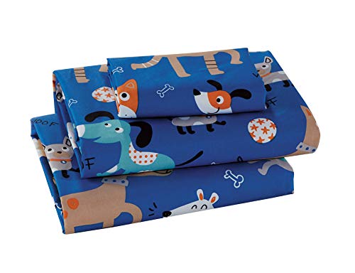 Better Home Style Playing Puppy Blue Kids/Boys/Toddler 4 Piece Sheet Set With Woof Woof Wagging Dogs Pups And Puppies Includes Pillowcases Flat And Fitted Sheets # Blue Dog (Full) #TOP2