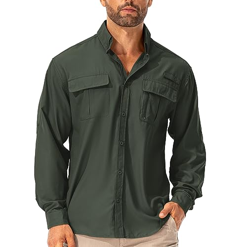 Hemd Herren Safari UPF50+ UV Schutz Wanderhemd Herren Langarm Funktionshemd Outdoorhemd Atmungsaktiv Schnelltrocknend Casual Button Down Shirts(5053 Army Green XXL)