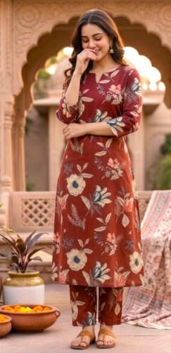Image of CREATION & YOU Women's Pure Cotton Floral Printed Kurta with Palazzo Pants | Ethnic Set | Kurti Set for Women | Cotton Cord Set for Women