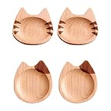 ORYOUGO Set of 4 Creative Wooden Sauce Dishes Cartoon Cat Shaped Dipping Bowls 2.8in Natural Wood...