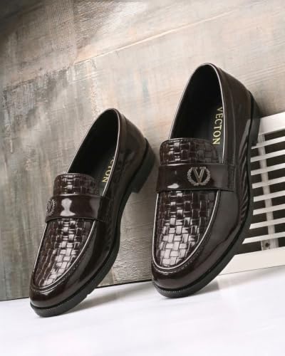 Image of Men's Glossy Loafers | Synthetic Leather | Formal Slip-On Shoes for Men | Woven Texture Patent Finish | Cushioned Comfort | Office, Party & Wedding | Black - Multicolour