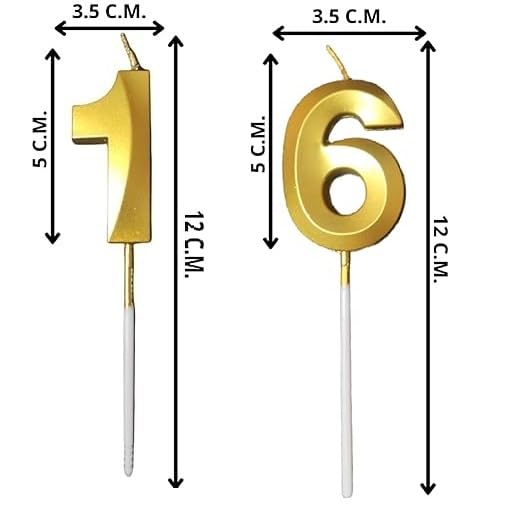 Image of ToyUniverse Number 16 Metallic Gold 3D Candle - Sixteenth Birthday, Anniversary, Surprise Party Cake Decoration (Pack of 2)