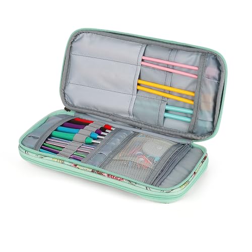 Katech Knitting Needles Case Empty Zipper Bags Organizer Portable Travel Crochet Hook Storage Bag with Web Pocket and Holder Slots for Carrying Various Crochet Needles and Knitting Accessories (Green)