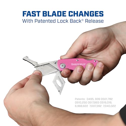 Image of Sheffield Lock Back Utility Knife 3 Pack with 10 Utility Knife Blades | Box Cutter with Aluminum Texture Grip Handle, Features Pocket Clip, Patented Quick Change Utility Blade Mechanism
