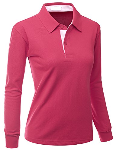 Xpril Womens Casual Basic Sporty Long Sleeve Polo Collar T-Shirt Pink Size XL