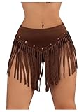 OYOANGLE Women's Beaded Fringe Trim Mini Skirt Suede Low Waist Flared Cowgirl Short Skirts Brown X-Small