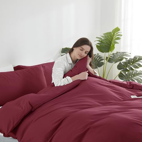 Image of Hearth & Harbor Burgundy Red Duvet Cover Queen Size, 3 Piece Bedding Set | Soft Double Brushed Bedding Set, Button Closure, 1 Duvet Cover 90x90 Inches, 2 Pillow Shams