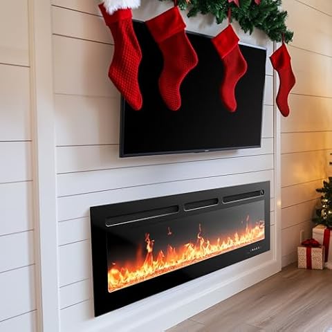 Silonn 50″Smart Electric Fireplace Heater with App & Remote Control, 5300 BTU Heat Output, Ultra-Slim Wall-Mounted or Recessed Electric Fireplace Inserts with Timer, 20 Flame Colors,WiFi Enabled Cover