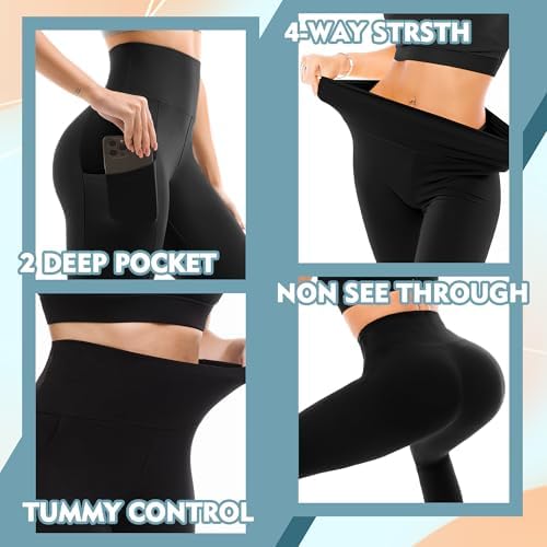 SINOPHANT High Waisted Leggings with Pockets Women, Full Length Capri Buttery Soft Stretchy Yoga Pants(Full Black,L-XL) - 4