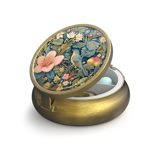 Small Pill Case Pill Box with Mirror Retro 3 Compartment Pill Holder for Purse or Pocket Bronze Portable Medicine Vitamin Container Fish Oil and Supplement Storage BPA-Free(Retro Bird and Flower)