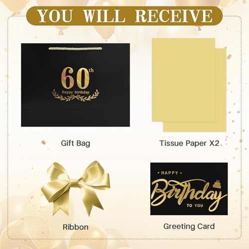 Image of JMANNI Black Gold 60th Birthday Gift Bag with Card and Tissue Paper, 12.6 inchx9.84 inchx3.9 inch Elegant Present Bag for Men Women, 60 Year Old Birthday Keepsake Party Supplies