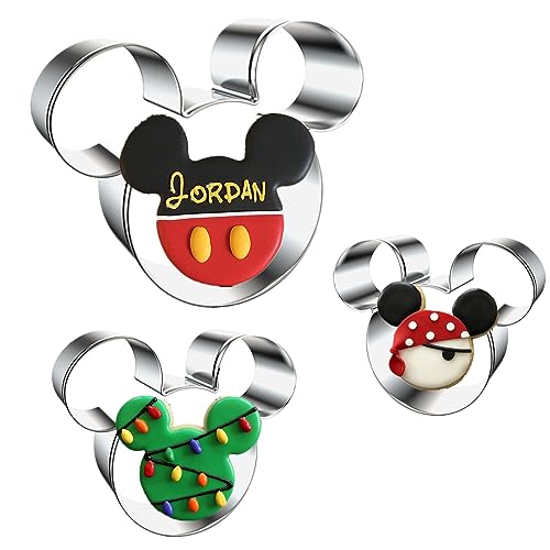 3 cortadores de galletas de Mickey Mouse, formas de cara de Mickey Mouse, moldes de galletas temáticas, cortador de metal de acero inoxidable para niños, fiesta de cumpleaños, vacaciones, baby shower