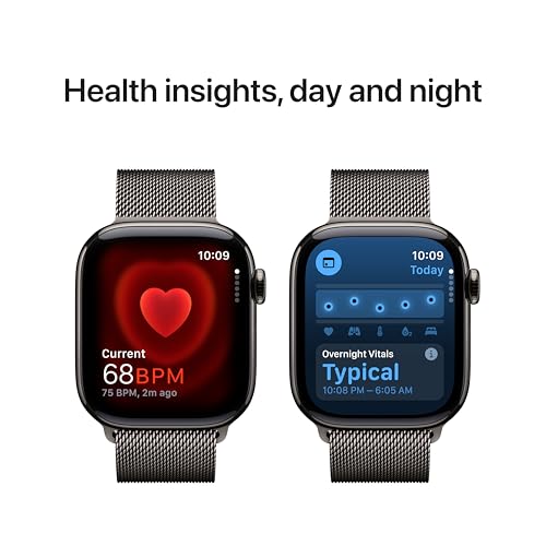 Image of Apple Watch Series 10 [GPS + Cellular 42 mm] Smartwatch with Slate Titanium Case with Slate Milanese Loop. Fitness Tracker, ECG App, Always-On Retina Display, Carbon Neutral