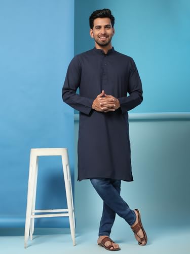 Image of SKAVIJ Men's Cotton Kurta Summer Casual Long Shirt Regular Fit Blue 3X-Large