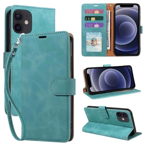 JHWVVTF for iPhone 12 Mini Wallet Case [RFID Blocking 3 Card Slots] Phone Stand Wrist Strap Magnetic Closure Soft Leather Shockproof Protective Flip Cases Cover (Green)