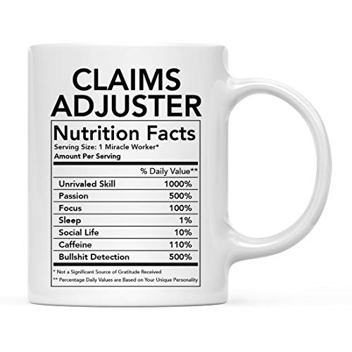 Andaz Press Funny 11oz. Ceramic Coffee Tea Mug Thank You Gift, Claims Adjuster Nutritional Facts, 1-Pack, Novelty Gag Birthday Christmas Gift Ideas Coworker