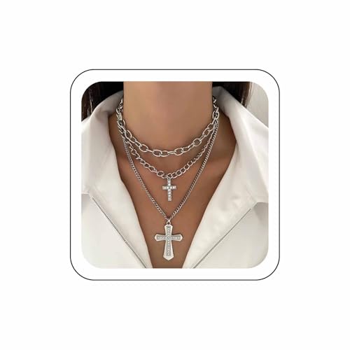 Cubic Zirconia Cross Necklace Vintage Baroque Pearl Chain Beads Necklace Silver CZ Cross Pendant Necklace Shiny Diamond Chain Faith Cross Choker Necklace Y2K Jewelry for Women and Girls