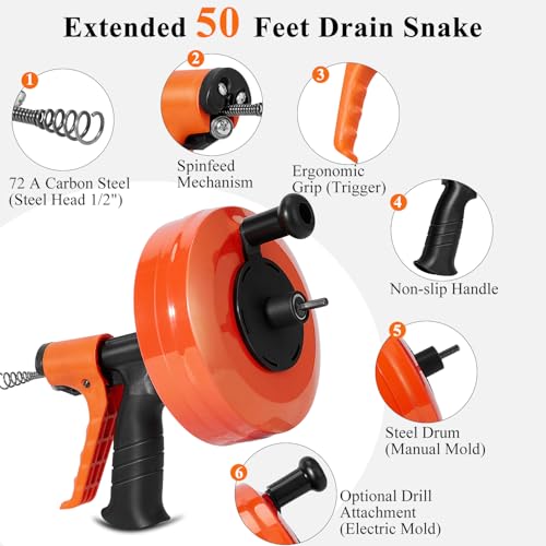 Image of 50 FT Drain Snake Auto-Feed Drill Attachment Plumbing Auger | 50 FT Drain Snake Auger, Auto-Feed & Drill-Powered, Heavy Duty Steel Cable, Gloves & Hair Removers