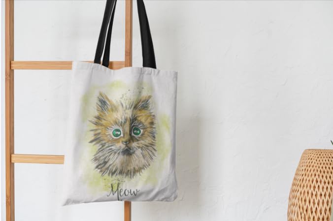 Aim D Game, Cat Design Tote Bag with Black Handles, Watercolor Art Print, Reusable Shopping Bag Canvas Tote Bag for Grocery, College, Office & Shoulder Handbag Travel Bag for Men and Women 2