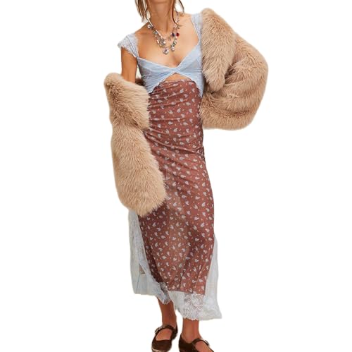 Image of Women Sexy Lace Patchwork Mesh Dress Floral Print Cutout Sweetheart Neck Backless Slit Summer Maxi Dress