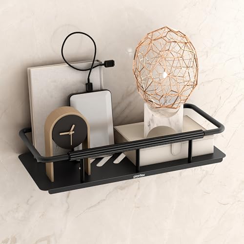 Image of Plantex Self Adhesive Bathroom Shelf /Stainless Steel Bathroom Shelf Rack /Wall Shelf for Bathroom /Bathroom Organiser Without Drill /Bathroom Accessories Set- Pack of 1 (12x5 inches, Black)